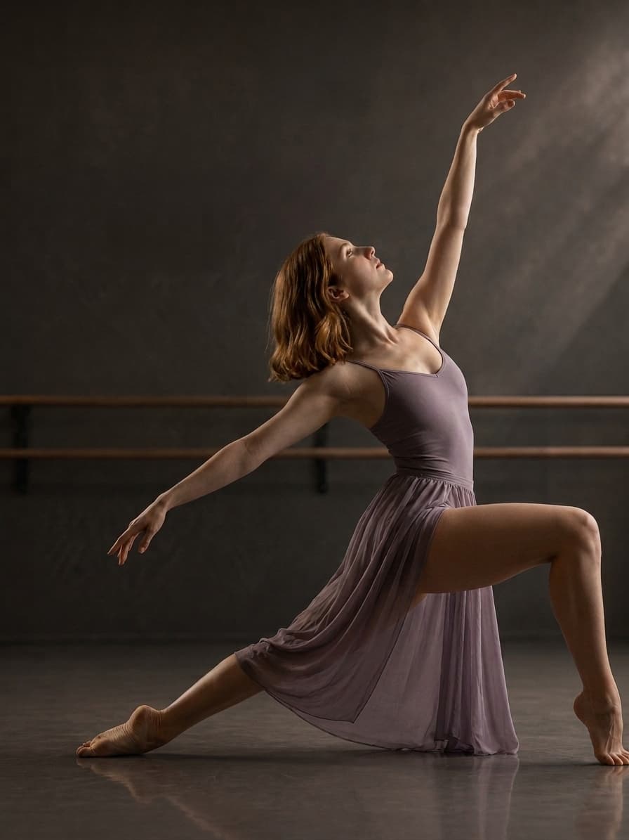 A dancer in a lavender leotard and skirt holding a deep lunge, one arm sweeping overhead, at the barre in a darkened studio